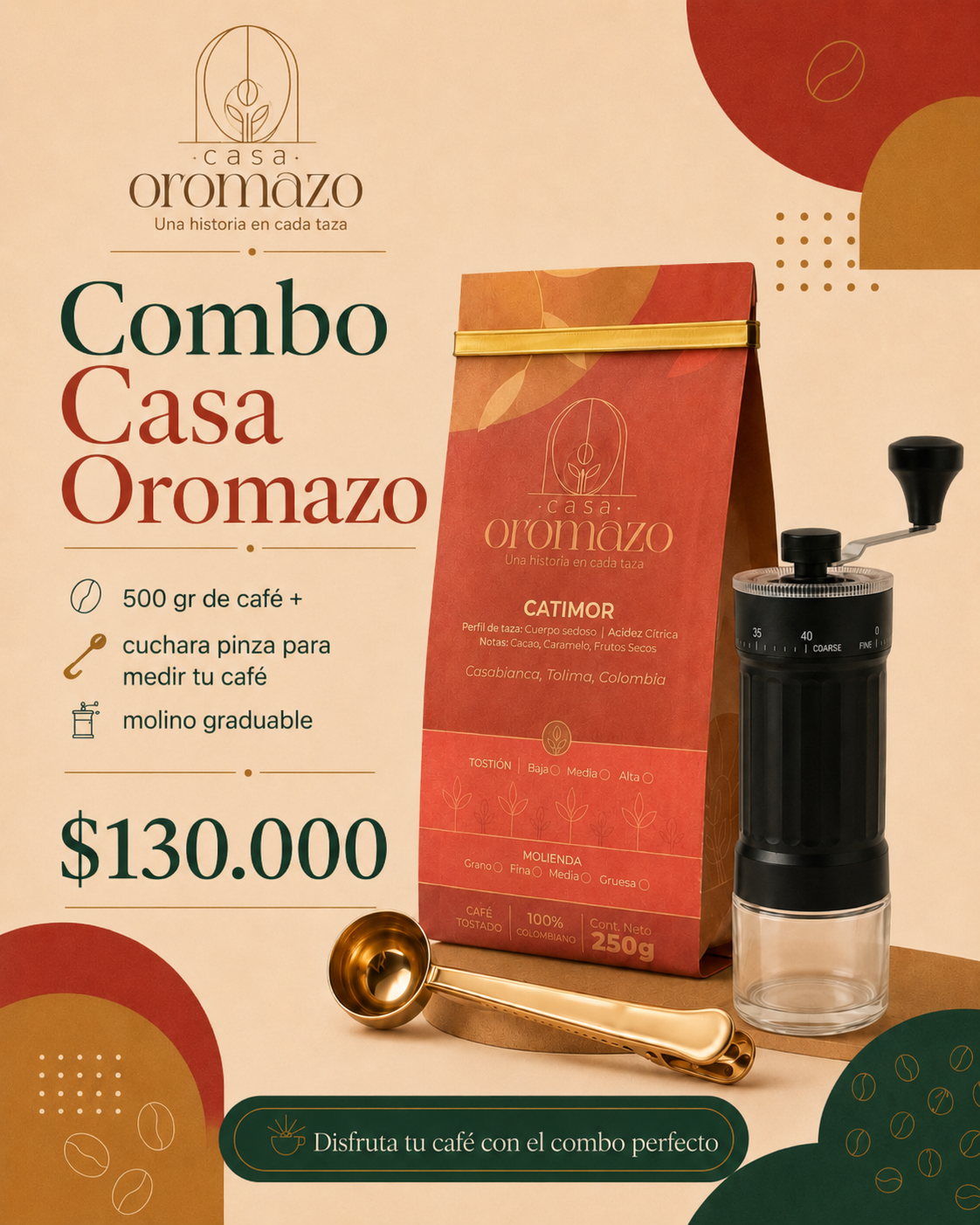Combo: Café en Grano (500gr) + Molino Manual + Cuchara Medidora